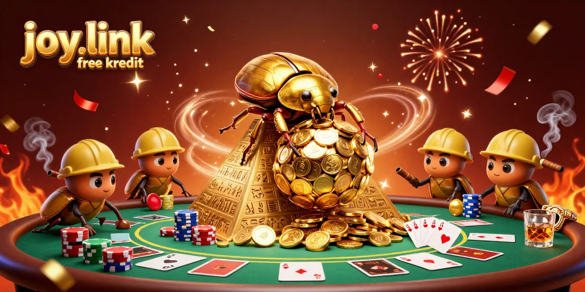 Experience the energy of joy.link free kredit with a golden beetle rolling coins in a lively casino scene.