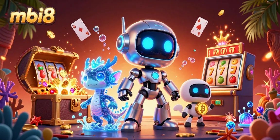 mbi8 offers exciting casino gameplay with a vibrant 3D robot, dragon, and bitcoin drone amidst dynamic gaming elements.