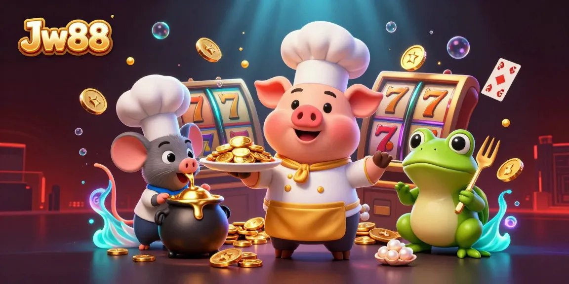 Engage with Jw88 as the cartoon chef pig serves coins, surrounded by vibrant casino elements, showcasing excitement.