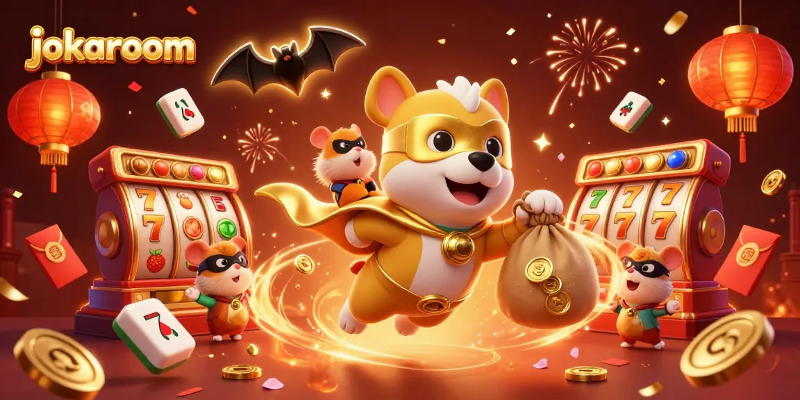 Join the excitement with jokaroom as the superhero dog flies over vibrant casino elements showcasing slots and rewards.