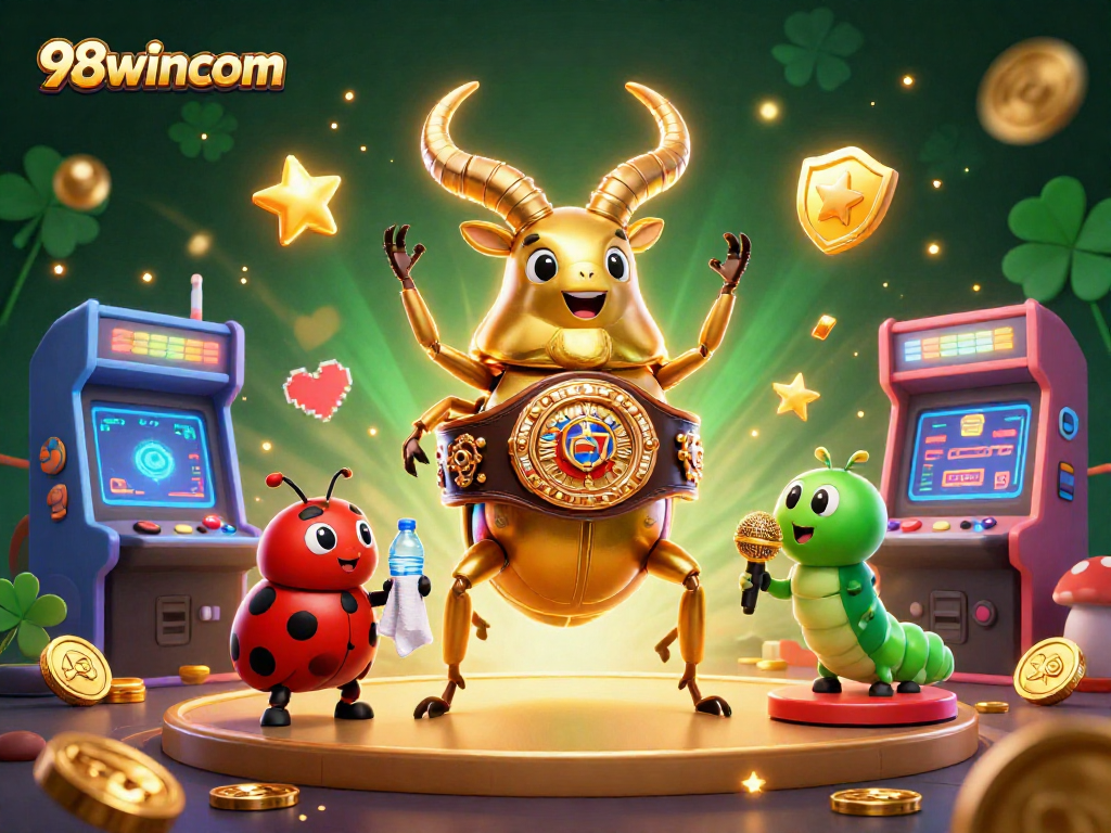 Embark on thrilling adventures with 98wincom's vibrant casino illustration featuring a golden stag beetle champion.