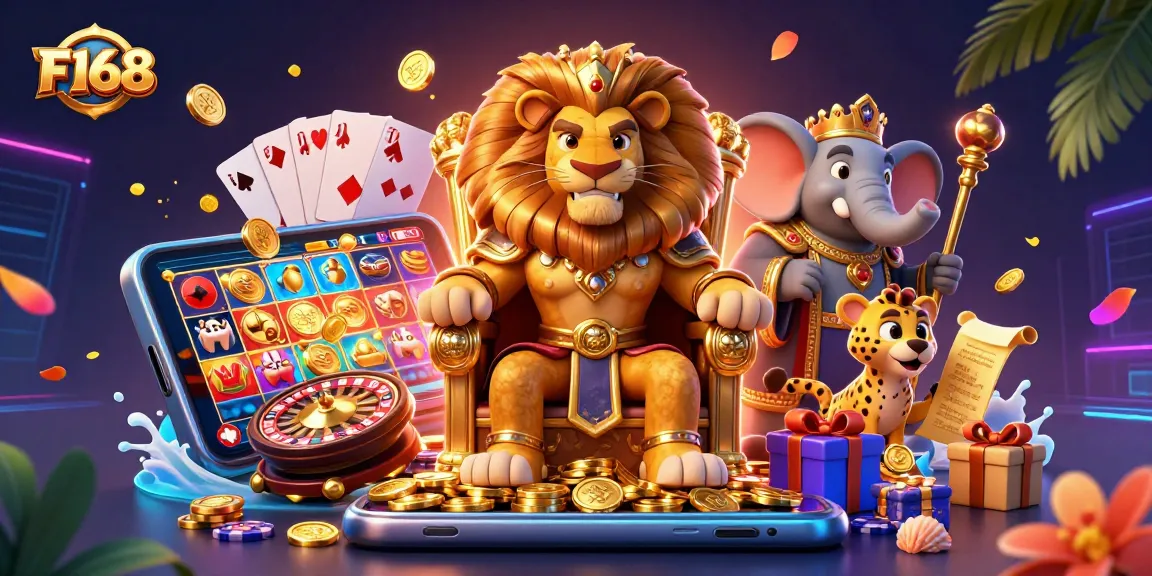 Experience exhilarating gaming with F168's captivating characters amidst a rich casino backdrop.