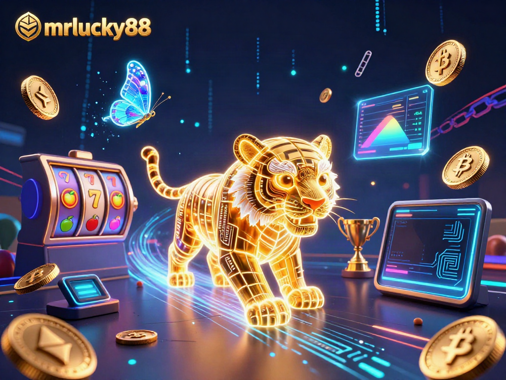 Experience thrilling gameplay with MrLucky88, featuring a neon tiger in a dynamic casino scene.