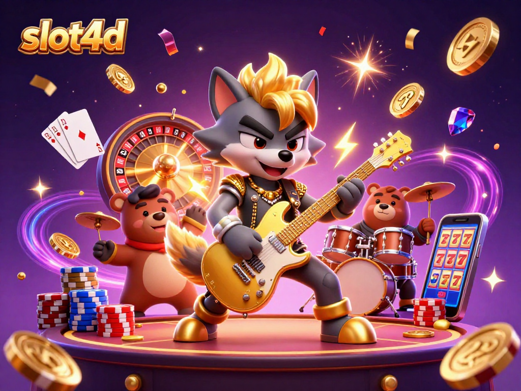 Catch the excitement of slot4d with vibrant casino characters amidst a flurry of coins and cards.