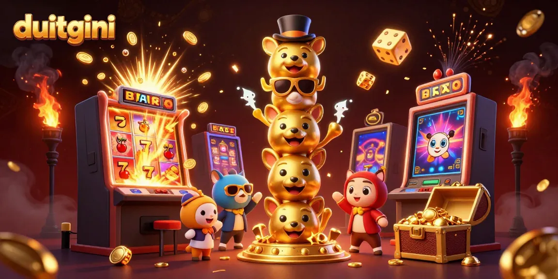Engaging DuitGini loan application process illustrated with vibrant casino themes and characters.