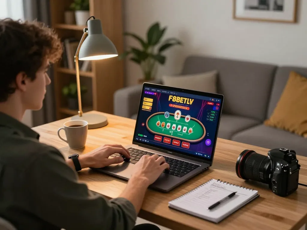 Player engaging with F8BETLV online casino on a laptop, showcasing a cozy home gaming setup