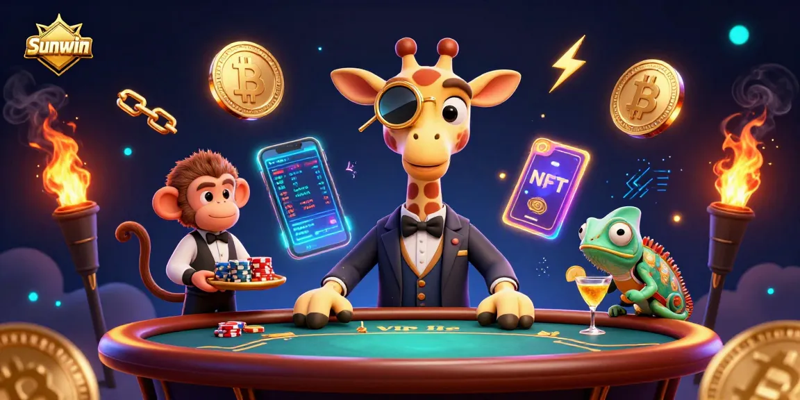 Experience premium gaming at Sunwin with exotic characters amid vibrant slot elements and crypto symbols.